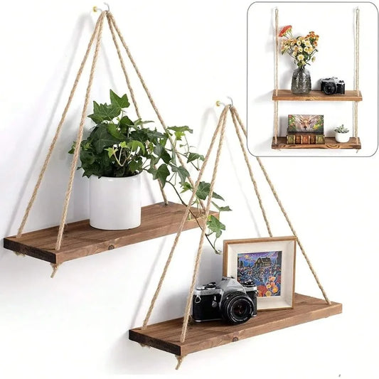 Wooden Swing Shelf with Hemp Rope