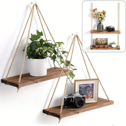 Wooden Swing Shelf with Hemp Rope